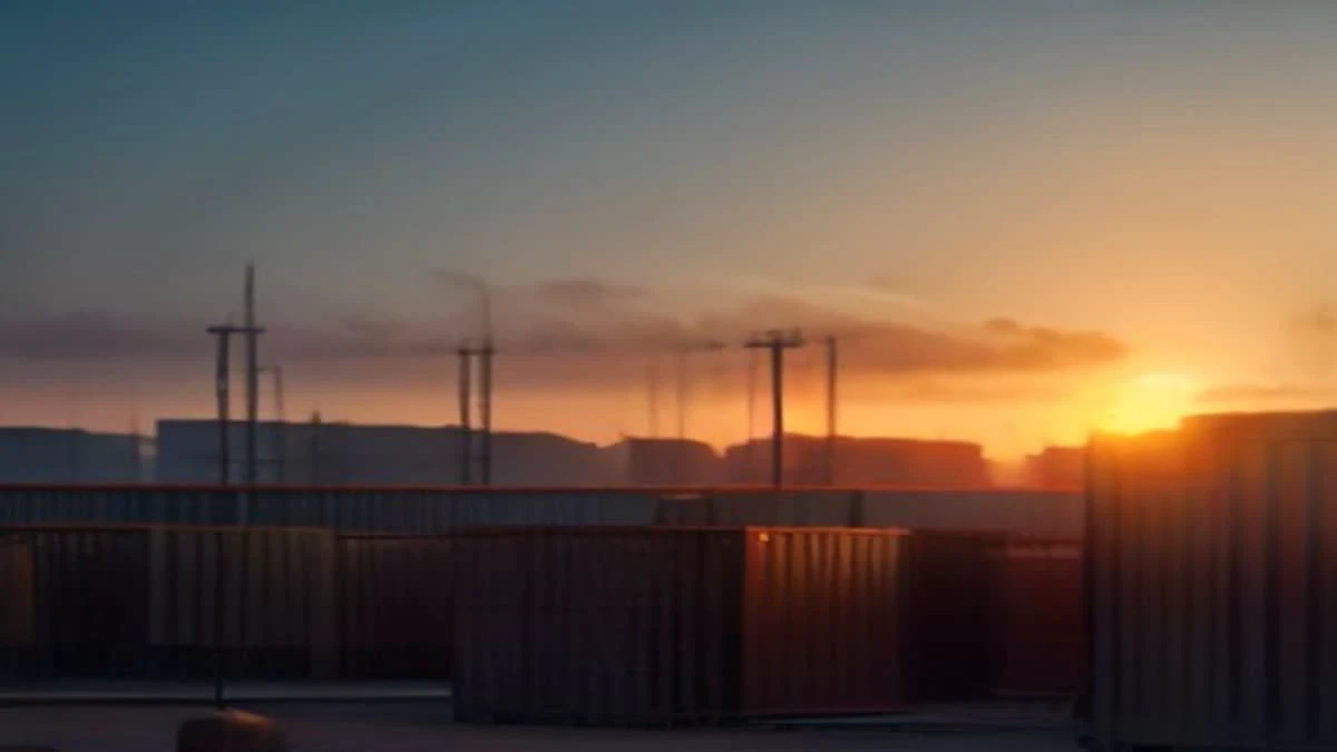 shallow depth of field close-up of a shipping container yard at golden hour with cranes in the background, overcast diffused light — illustrative photograph for this article